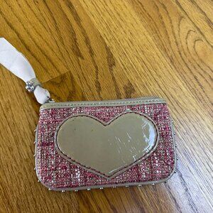 Brighton Change/coin purse. Cloth, studs, vinyl heart zips ,Pink & cream tweed
